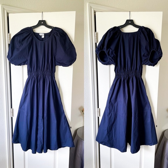 G. Label By Goop Sheely Puff Sleeve Midi Dress Navy Blue Cotton 6 EUC - Picture 2 of 7